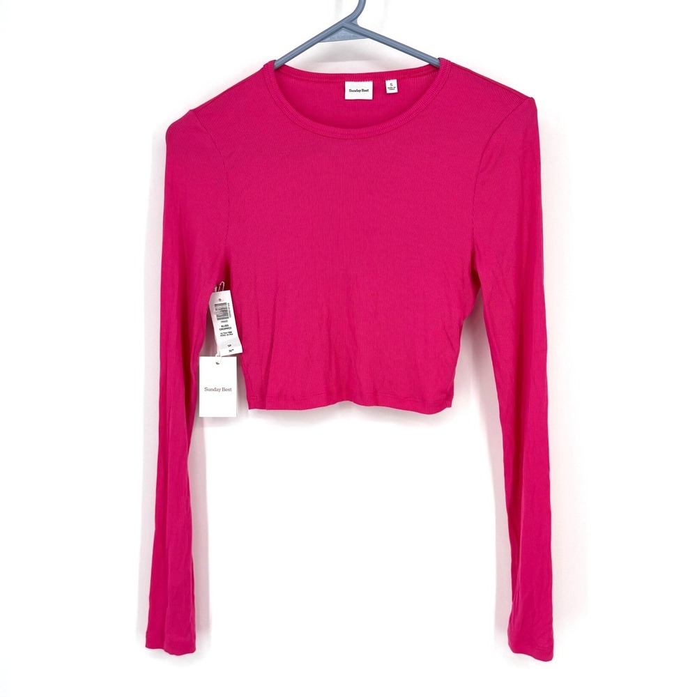 NWT Aritzia Sunday Best Bliss‎ Cropped Long Sleeve Ribbed Top Hot Pink Small